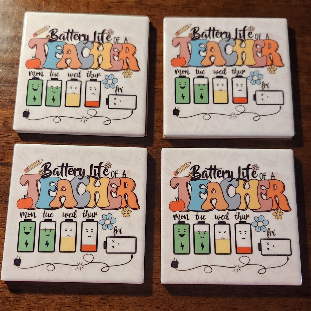 4 Colorful Teacher Battery Life Coasters. Hand Crafted - Picture 6 of 8